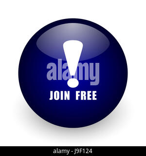 Join free blue glossy ball web icon on white background. Round 3d render button. Stock Photo