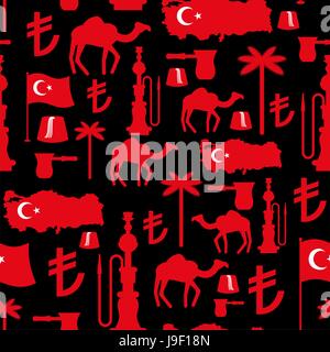 Turkey symbols seamless pattern. Turkish national ornament. State traditional background. Map and flag of country. Turk and Turkish lira sign. Camels  Stock Vector