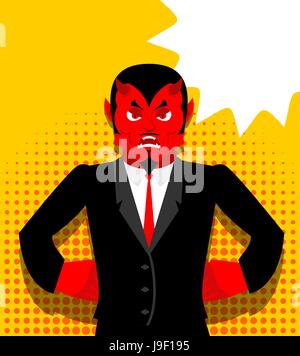 Angry devil. Satan is not happy. Angry red Demon. Lucifer is furious. Lord of Hell in pop art style. Bubble for text Stock Vector