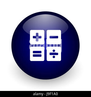 Calculator blue glossy ball web icon on white background. Round 3d render button. Stock Photo