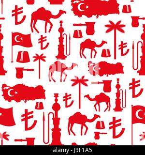 Turkey symbols seamless pattern. Turkish national ornament. State traditional background. Map and flag of country. Turk and Turkish lira sign. Camels  Stock Vector