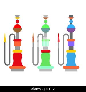 Set colorful arabic hookah. Turkish national instrument for smoking. Egyptian Container with liquid and mouthpiece Stock Vector