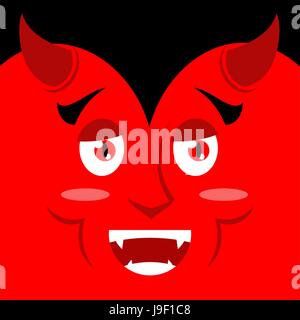 Cartoon kind good devil face on red background. Joy of Satan emotion. Optimistic demon with big smile. Cheerful Holiday Diablo Stock Vector