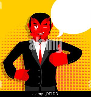 Satan hands shows thumbs up. Sign all right. Hand showing ok. style of pop art  Bubble for text. Gesture of  hand. Funny demon. Heck with horns. Craft Stock Vector