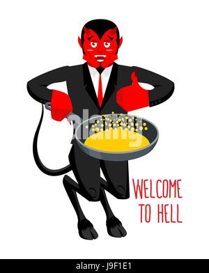 Welcome to Hell. Devil holding frying pan for sinners. Satan invites in purgatory. Red demon with horns and tail. Lucifer boss with horns. Religious a Stock Vector