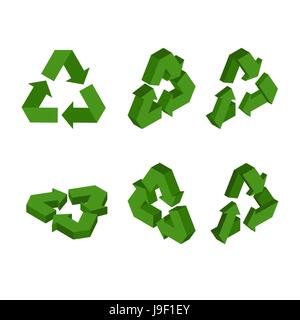 Sign Recycling isometrics. Set green triangular arrow. conversion Icon 3D. processing symbol Stock Vector