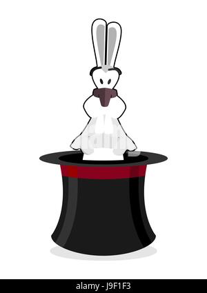 Rabbit in hat. Accessory magician. White rabbit in magic cap. Focus cylinder isolated on white background Stock Vector