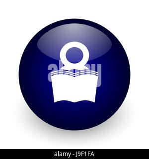 Book blue glossy ball web icon on white background. Round 3d render button. Stock Photo