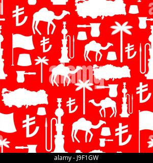 Turkey symbols seamless pattern. Turkish national ornament. State traditional background. Map and flag of country. Turk and Turkish lira sign. Camels  Stock Vector