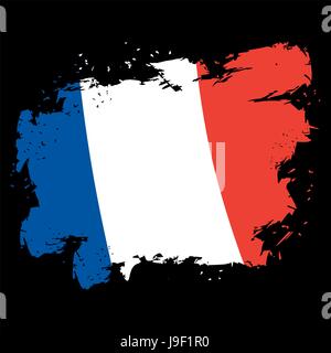 France flag grunge style. Brush strokes and ink splatter. National symbol of French State Stock Vector