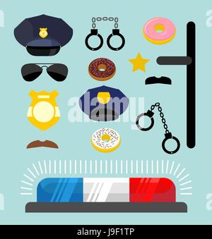 Police icons set. Symbols policeman. Cop accessories in flat style. Warning light for police car. Handcuffs and truncheon. Cap and badge. Moustache an Stock Vector