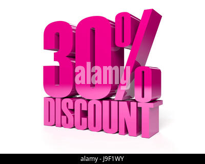 30 percent discount. Pink shiny text. Concept 3D illustration. Stock Photo