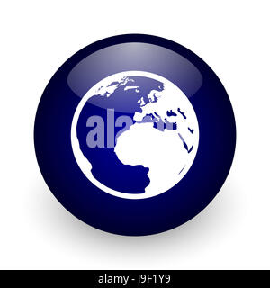 Earth blue glossy ball web icon on white background. Round 3d render button. Stock Photo