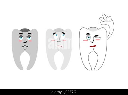 Set of teeth. Teeth with emotions. Rotten black teeth white and healthy teeth. Cheerful tooth waves. Illustration for dentist Stock Vector