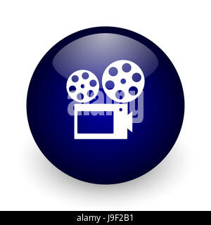 Movie blue glossy ball web icon on white background. Round 3d render button. Stock Photo