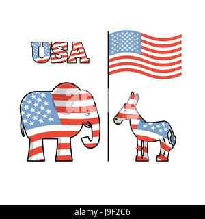Elephant and donkey. Symbols of Democrats and Republicans. Political parties in United States. Illustration for election, debate in America. Democrat  Stock Vector