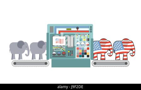 Factory Republican America. Republican Elephant. Republicans production. Political automated line for industry. Production of elephants for USA politi Stock Vector