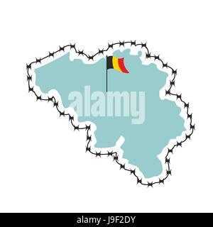 Belgium map. Map of states with barbed wire. Country closes border against refugees. European country to protect its borders. Belgian flag. Surrounded Stock Vector