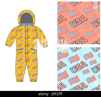 Patriotic childrens clothing. Childrens clothing template. Overall with pattern of  USA flag. Possible Patterns for boys and girls. National jumpsuit  Stock Vector