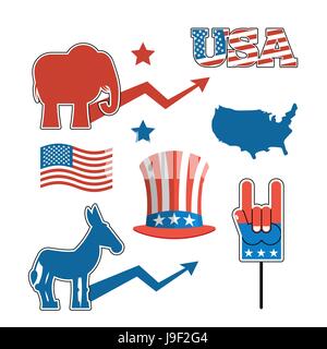 Set elections in America. Uncle Sam hat. American flag. Set  political debate in United States. US flag. Donkey and elephant symbols of political part