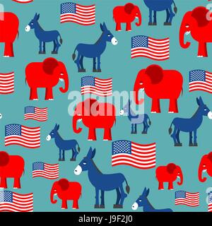 Elephant and Donkey seamless pattern. Texture for election and debate in America. Democrat donkey and Republican elephant and American flag. Political Stock Vector