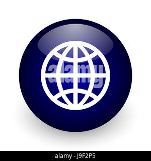 Earth blue glossy ball web icon on white background. Round 3d render button. Stock Photo