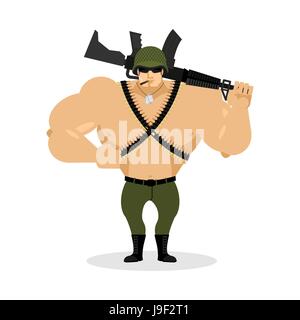 Soldier with rifle. special forces with gun. Warrior and machine-gun tape. Army style. Soldiers badge and protective helmet Stock Vector