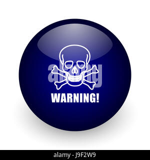 Warning skull blue glossy ball web icon on white background. Round 3d render button. Stock Photo