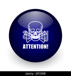 Attention skull blue glossy ball web icon on white background. Round 3d render button. Stock Photo