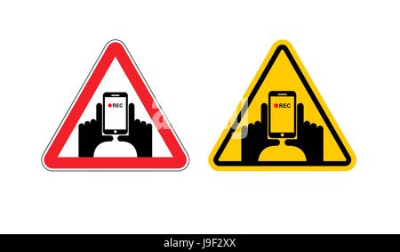Warning sign of attention vertical video. Dangers yellow sign hand and smartphone. Set of road signs against shooting on phone. Note vertical record Stock Vector