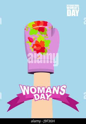 Womens day. 8 March. Female hand in Boxing Glove. Up-hand posture. International womens day. Symbol of struggle and victory Stock Vector