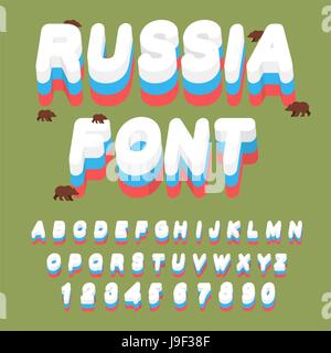 Russian font. Russian flag on letters. National Patriotic alphabet. Letters and grizzly bears Stock Vector