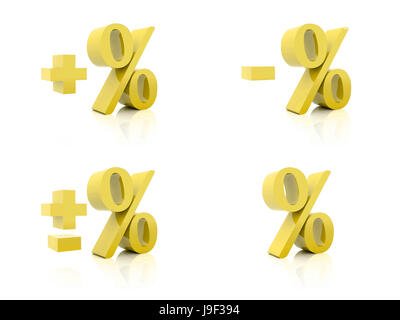 Set of 3D Percent. Plus, minus. Golden on white background. Concept 3D illustration Stock Photo