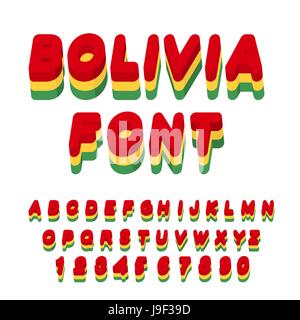 Bolivia font. Bolivian flag on letters. National Patriotic alphabet. 3d letter. State color symbolism Plurinational State of Bolivia. state in central Stock Vector