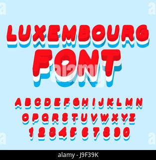 Luxembourg font. Luxembourgen flag on  letters. National Patriotic alphabet. 3d letter. State color symbolism Grand Duchy of Luxembourg in Europe Stock Vector