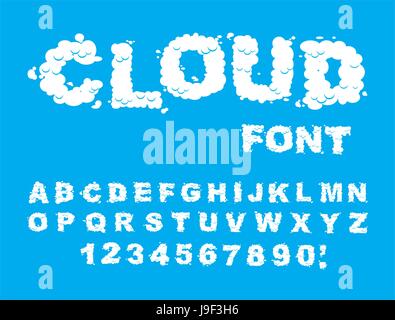 Cloud font. ABCs of white clouds in blue sky. Cloud letters and numbers. Alphabet of chubby letter cloud Stock Vector