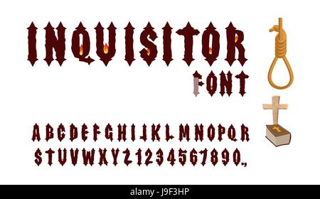 Inquisitor font. Ancient Gothic font. Font for Holy Inquisition. Medieval alphabet. Letters and numbers with  fire of fire. Accessories Inquisitor: Ha Stock Vector