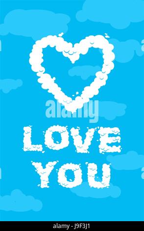 Love you cloud. Symbol of heart of the white clouds on blue heavenly background. Love in heaven Stock Vector
