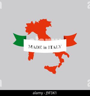 Made in Italy product logo. Map of Italy and Ribbon with colors of Italian flag. Label template for production. Stock Vector