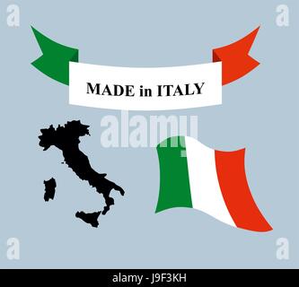 Set template for Italy. Map of Italy. Ribbon made in Italy. Logo for Italian production. Evolving flag of Italian State. Stock Vector