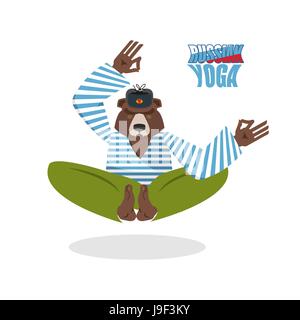 Yoga Russia. Yoga Bear. Beast meditates on a white background. Yoga in Russia. Bear in a cap and T-shirt. Yoga animals Stock Vector