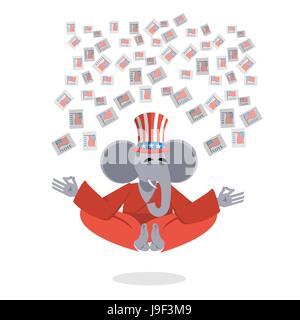 Republican Elephant hat Uncle Sam meditating votes in elections. Cheerful polytypical illustration. Symbol of political parties in America. Animals yo Stock Vector