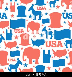 American seamless pattern. USA Election Symbols National pattern. Uncle Sam hat. Americans flag and map. Democrat Donkey and Republican Elephant. Patr