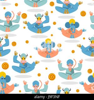 Animal Yoga seamless pattern. red Monkey and Blue Elephant yogi. Cow Yoga meditate. Animals and spirals Stock Vector