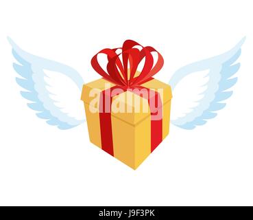 Gift with wings. Flying gift box with red bow and ribbon. Stock Vector
