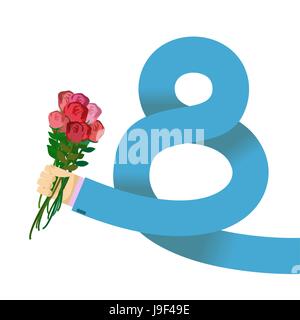 8 March International Womens Day. Man hand in jacket gives roses. Holiday symbol. Eight emblem. Congratulations hand bouquet flowers Stock Vector
