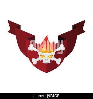 Military emblem Skull and crossbones and fire. shield and ribbon. Heraldic sign. Stock Vector