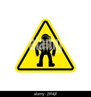 Astronaut Warning sign yellow. Cosmonaut Hazard attention symbol. Danger road sign triangle spaceman Stock Vector