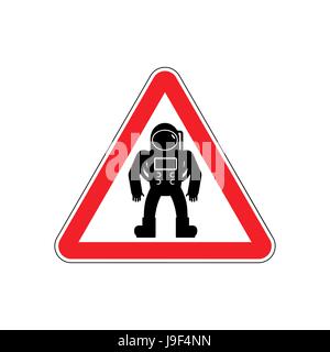 Astronaut Warning sign red. Cosmonaut Hazard attention symbol. Danger road sign triangle spaceman Stock Vector