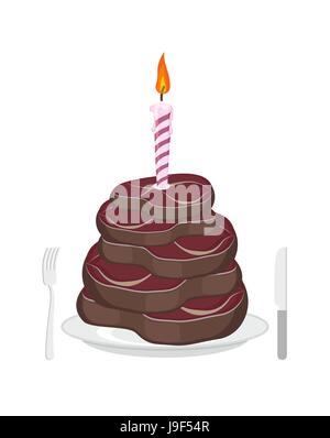 Meat cake. Steak and candle. Congratulations Happy Birthday men Stock Vector